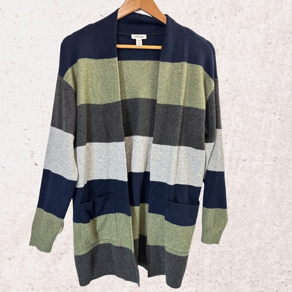 Tribal Blue and Green Striped Cardigan Sweater - Picture 1 of 4